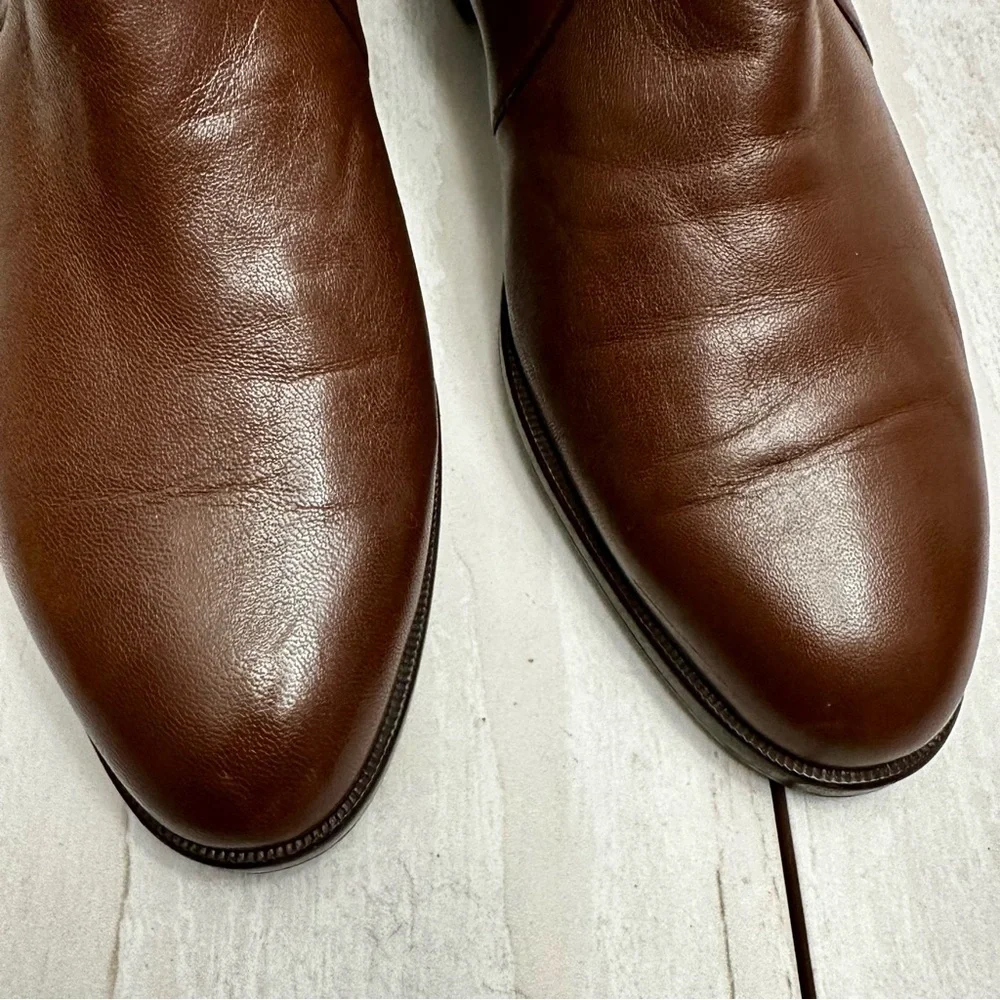 Men Classic Warm Brown Leather Resoled Office Side Zip Dress Boots Stacked Heel